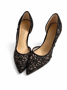 chic Black Beaded Floral Pointed-Toe Heels